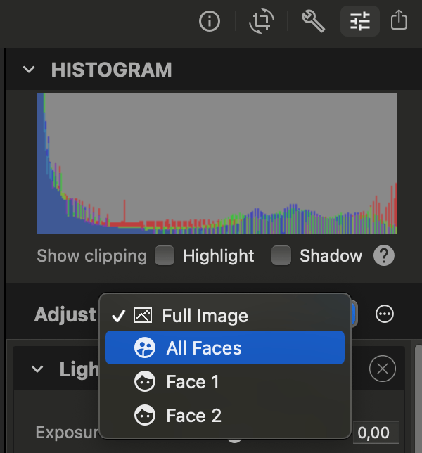Edit photos on Mac with Photo Sense: adjust the full image, all faces, or individual detected faces